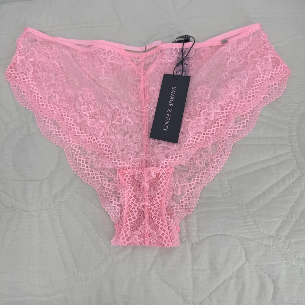 Savage X Fenty Panties Womens 1X Pink Lace Sheer‎ Floral Brief Underwear Cheeky